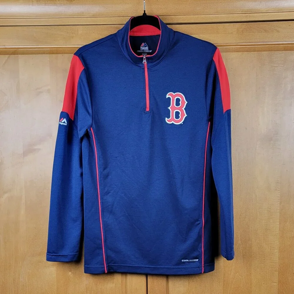 Majestic MLB Navy & Red Quarter Zip Boston Red Sox Baseball Pullover - S
